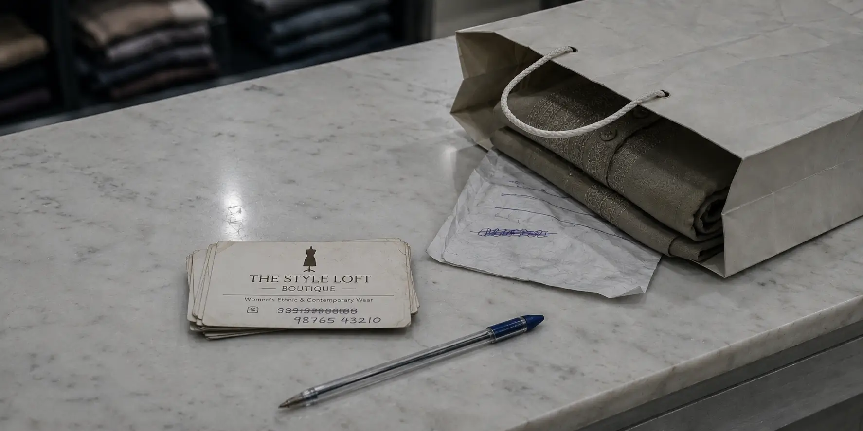 A worn paper boutique card and a handwritten number on a crumpled bill