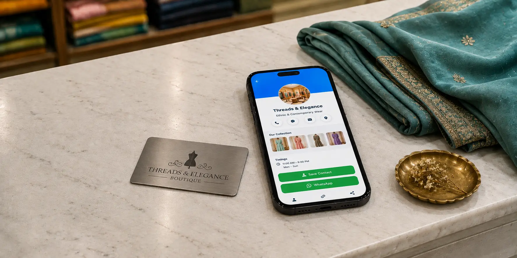 A ProfileTap boutique card resting beside a phone showing the shop's live catalogue and WhatsApp