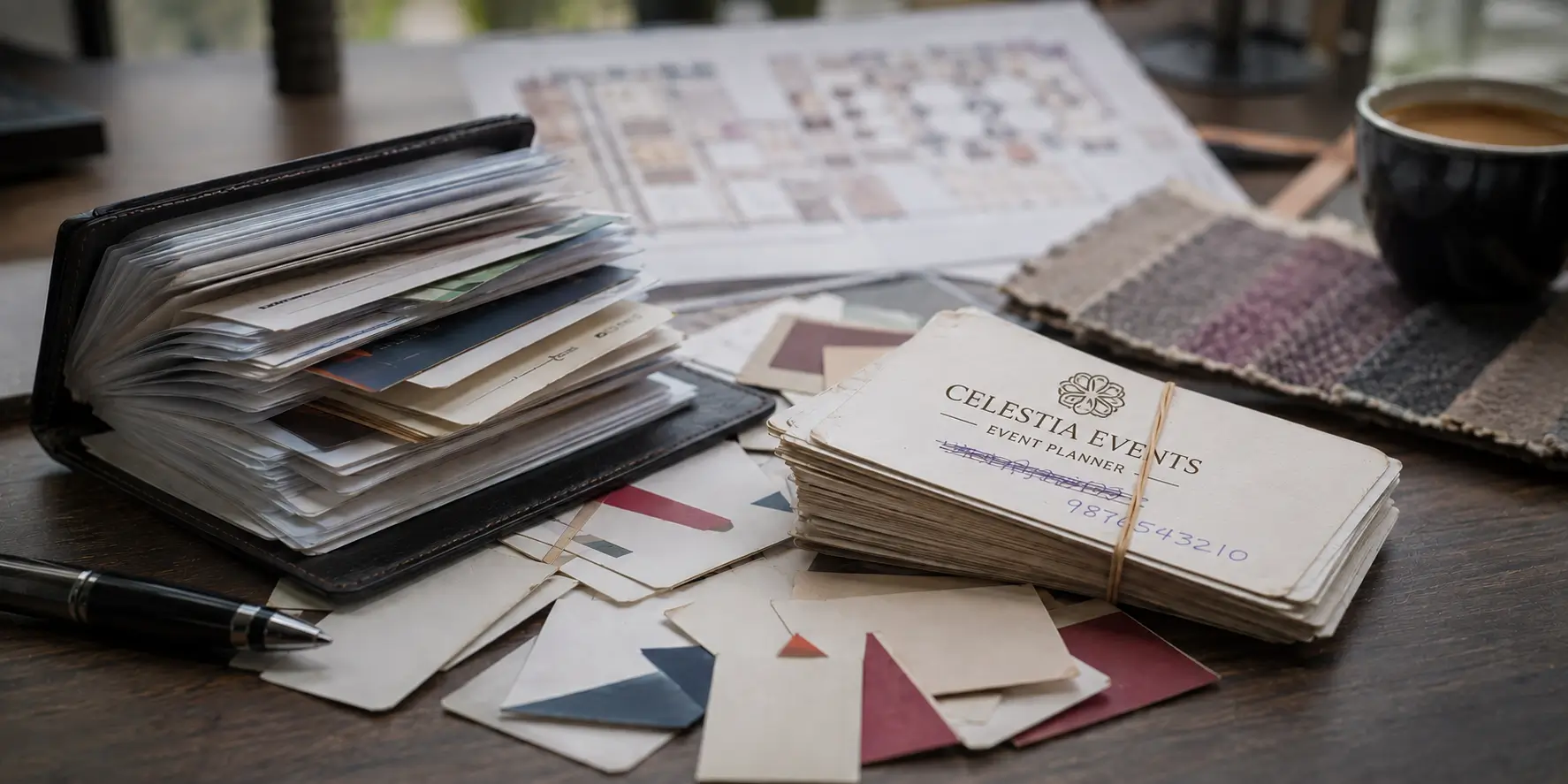 A worn folder of paper visiting cards with an outdated, crossed-out number