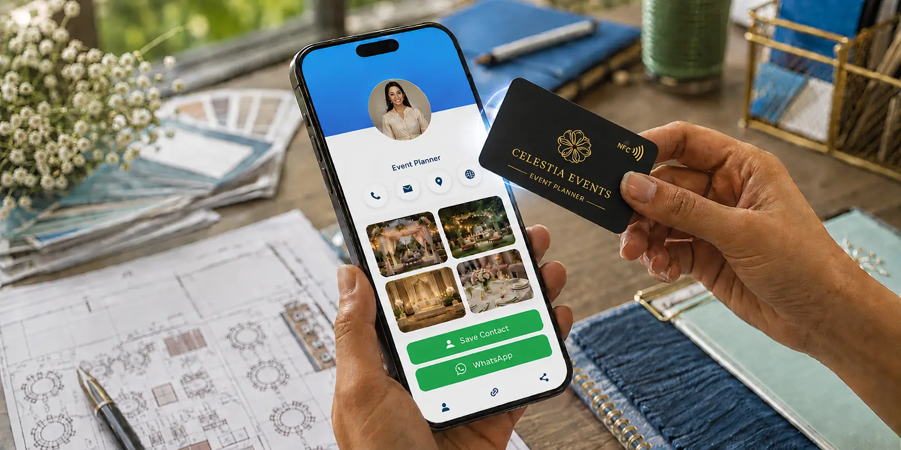 An event planner tapping a metal NFC card to a phone that opens a ProfileTap portfolio