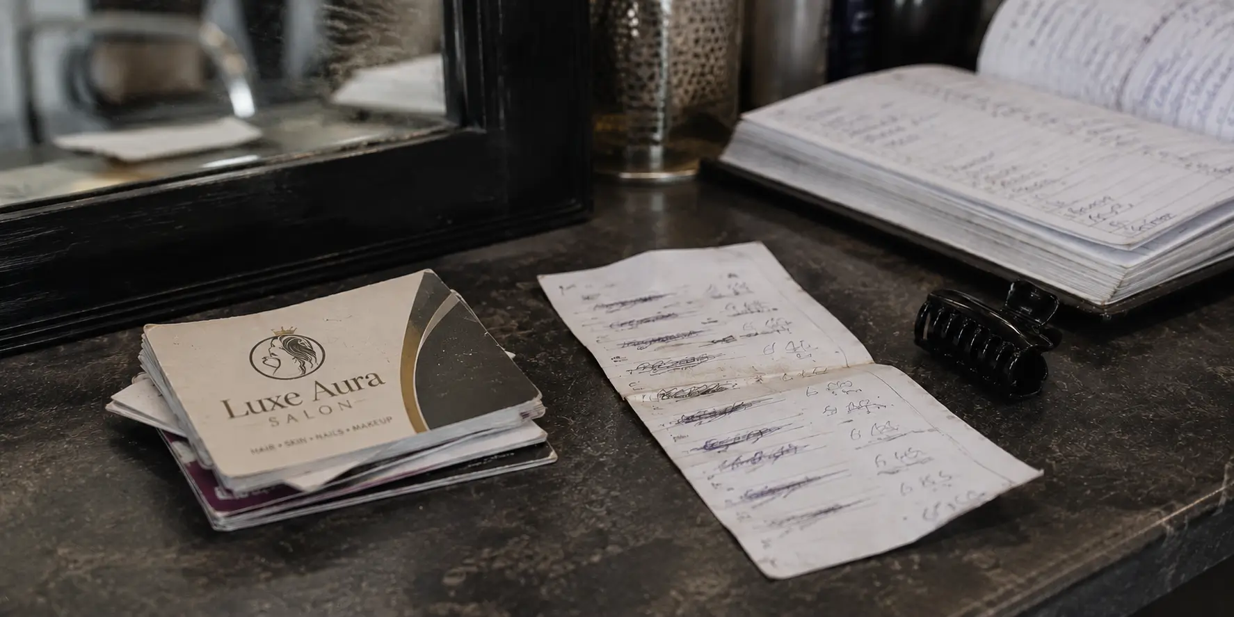 A worn printed salon card with an outdated, crossed-out rate list