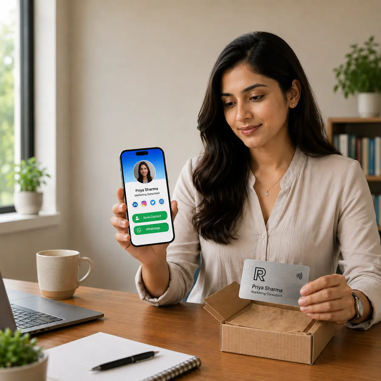 The same professional sharing contact details two ways: a profile link sent from a phone, and an NFC card handed over in person