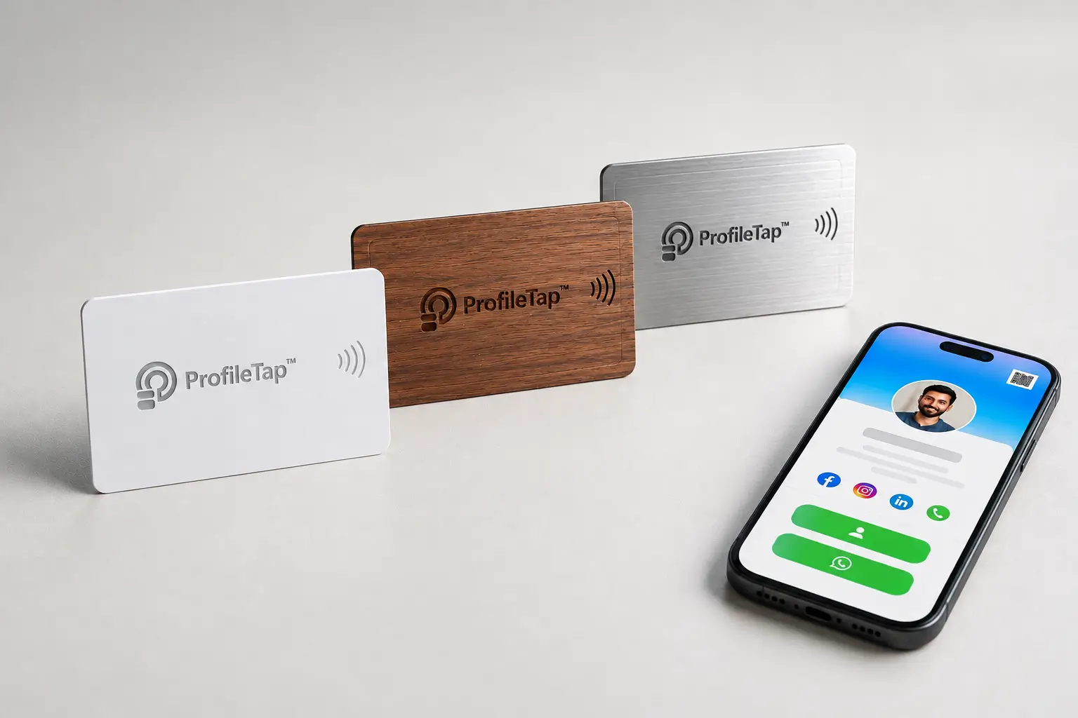 PVC, metal and wooden NFC cards with price tags on display
