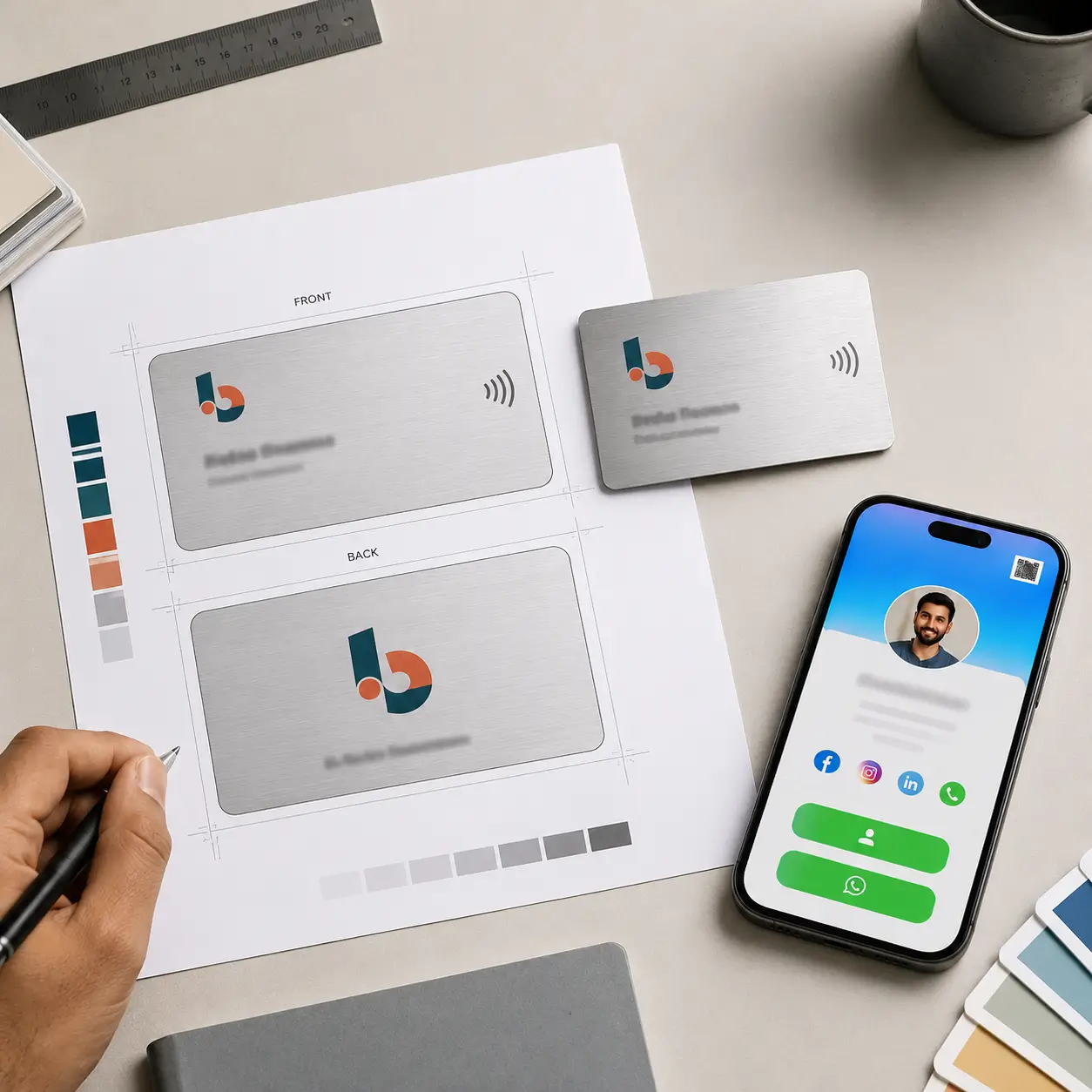 A custom-designed NFC business card with a company logo, next to the phone profile it opens