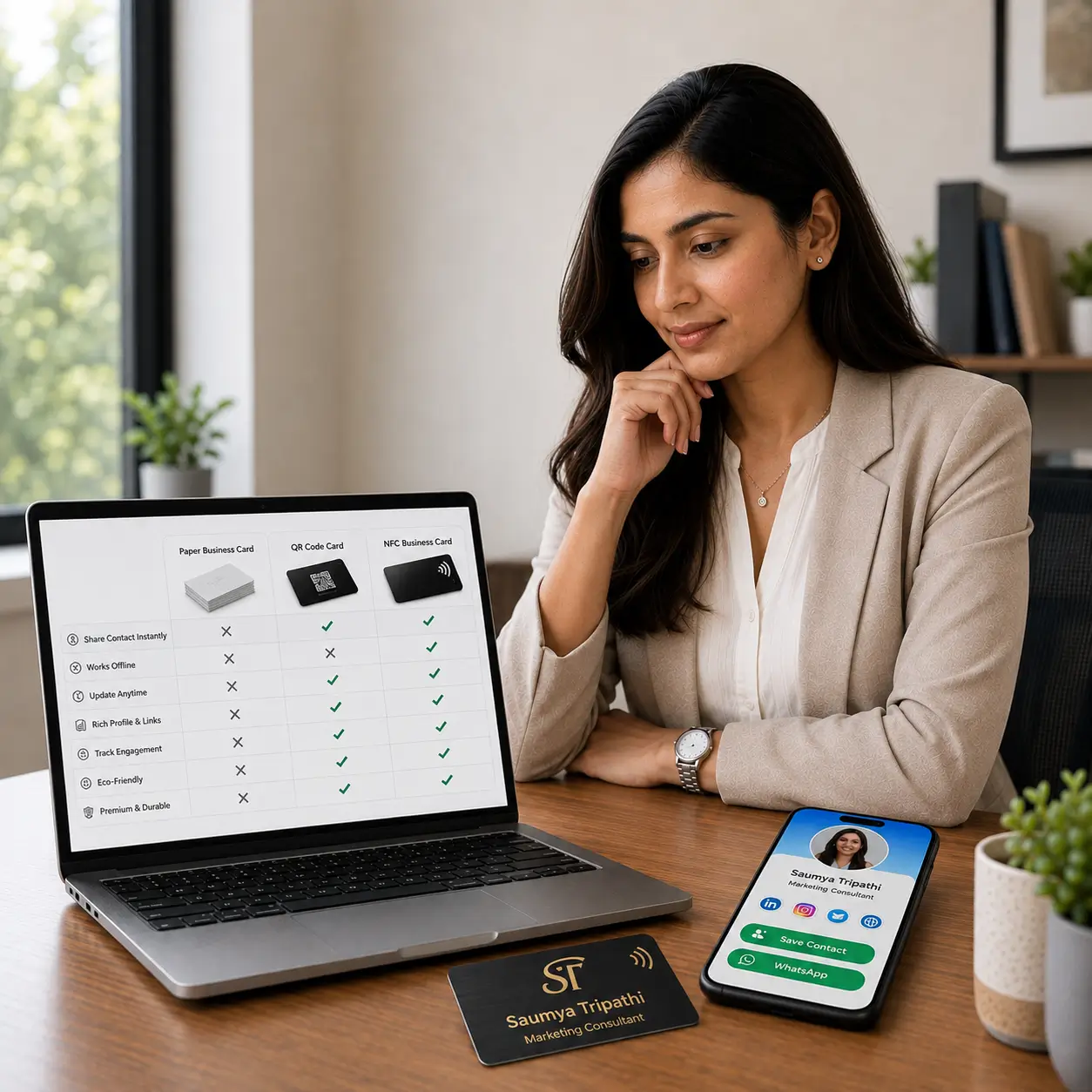 A professional comparing digital business card platforms on a laptop