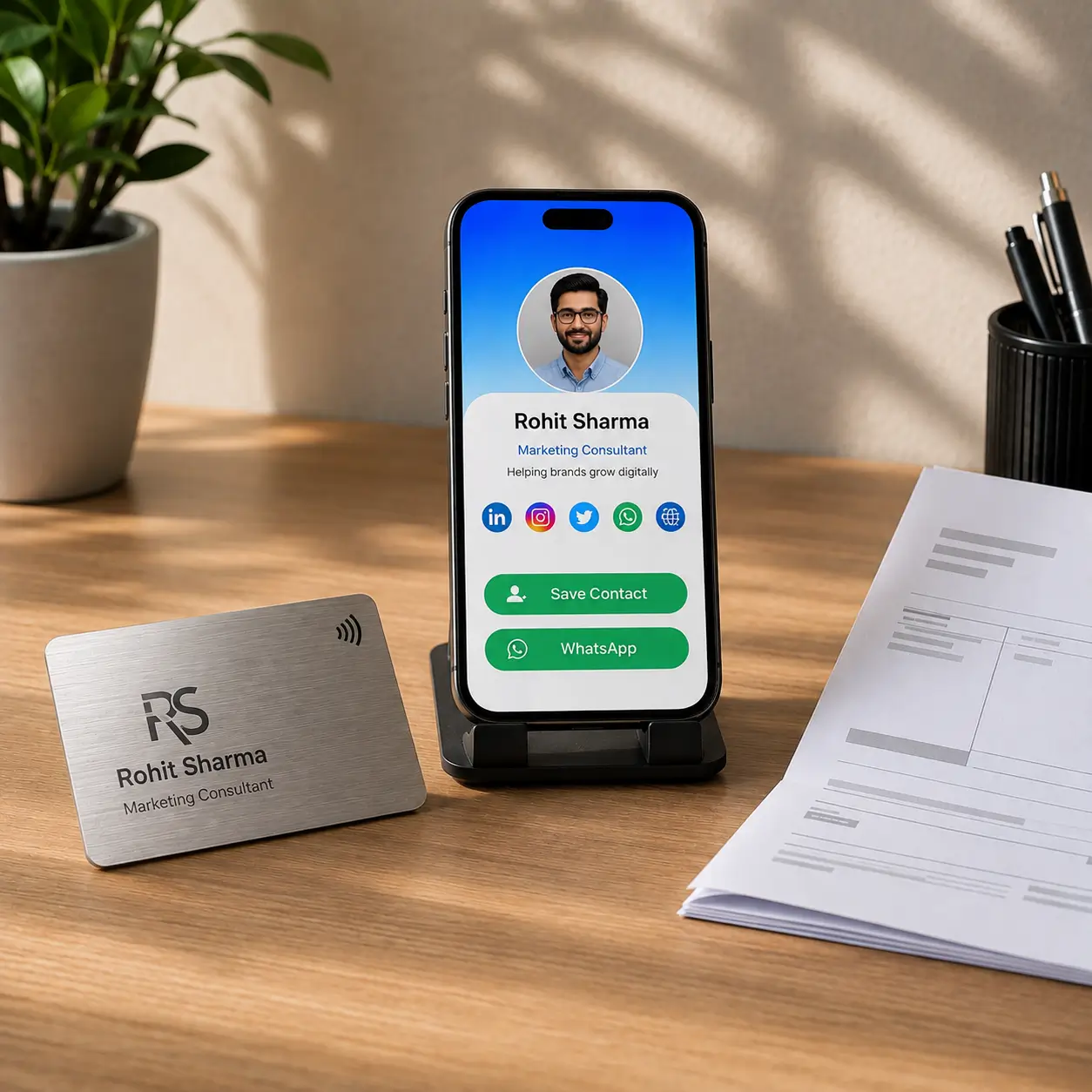 A ProfileTap digital profile open beside a metal NFC card
