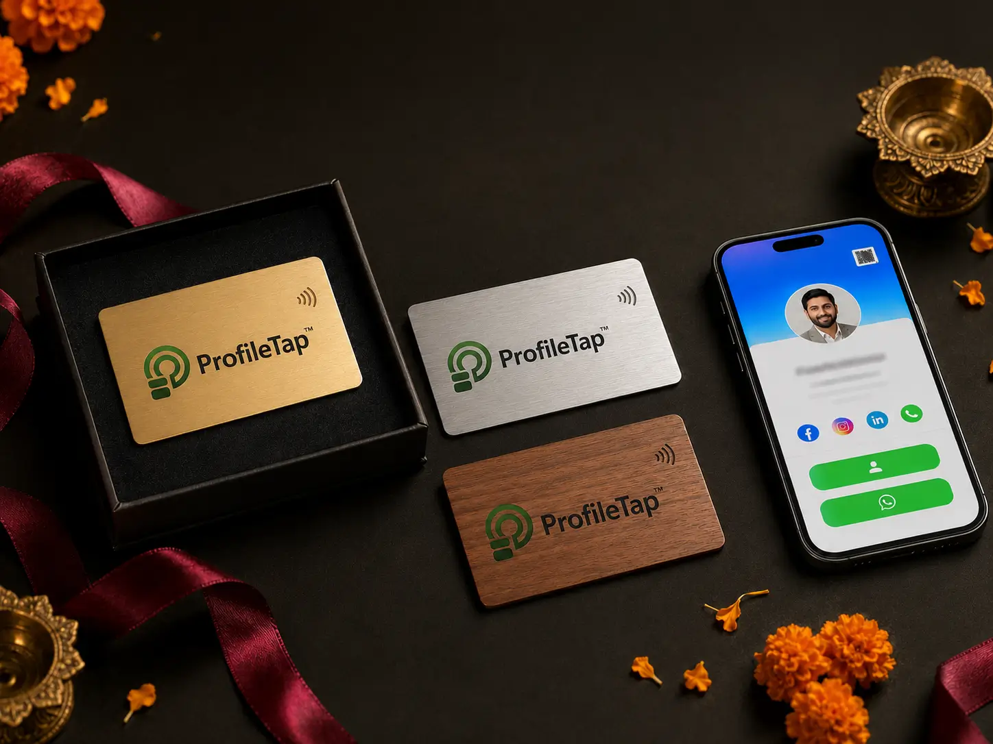 Engraved metal and wooden NFC cards arranged as corporate gifts with festive wrapping