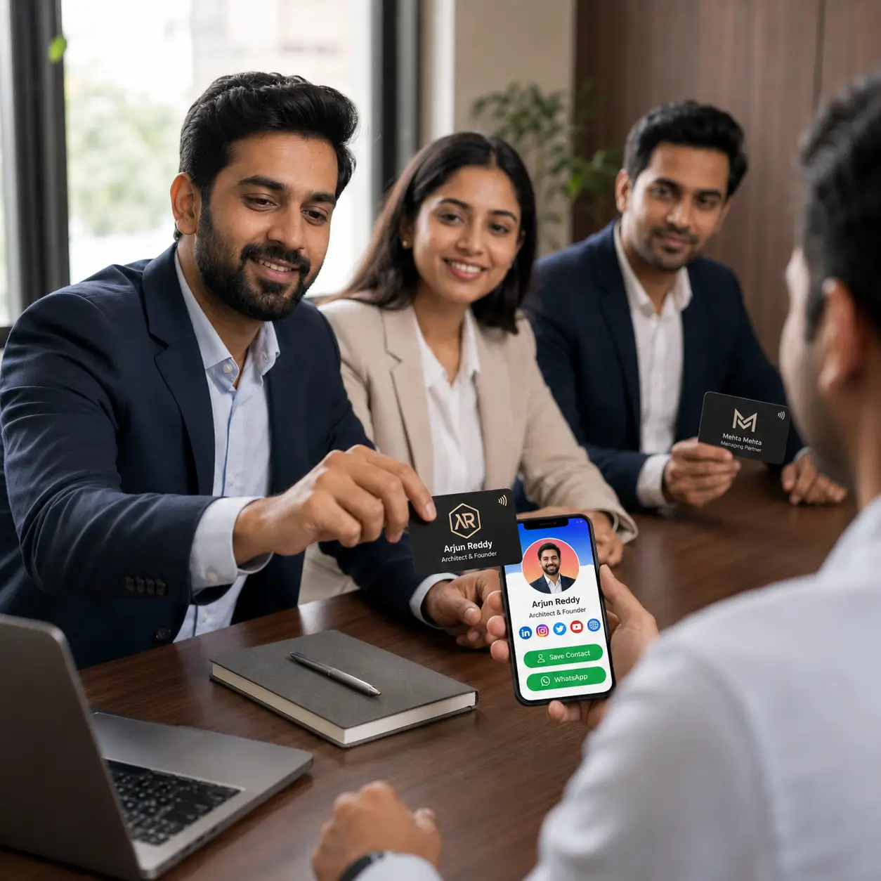 A sales team sharing matching digital business cards at a client meeting