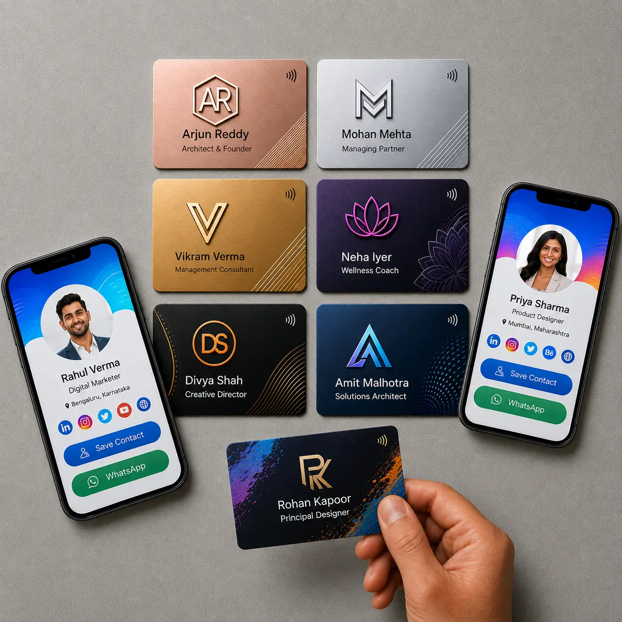 A row of matching branded NFC cards for a company team
