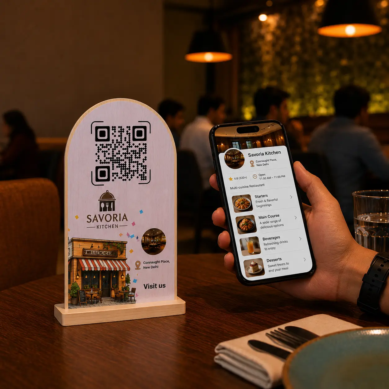 A guest scanning a QR code menu standee at a restaurant table