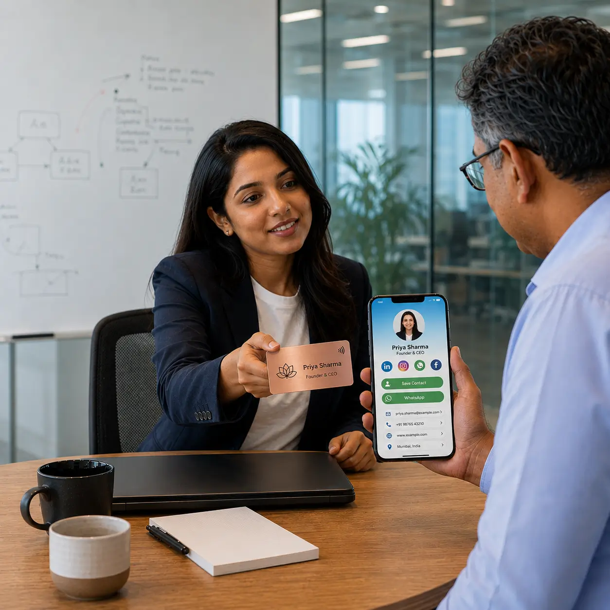 A startup founder tapping an NFC card at an investor meeting