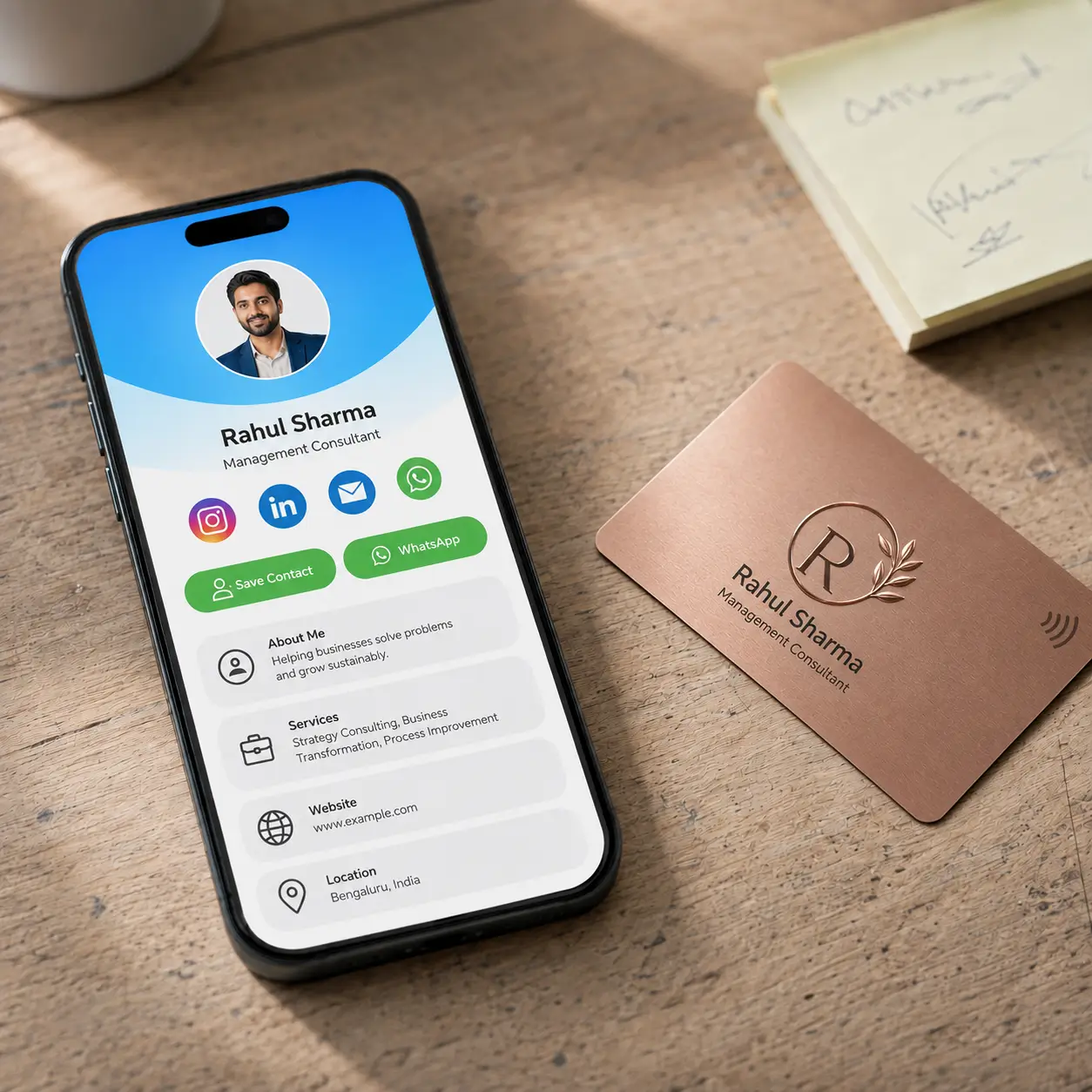 A startup profile with pitch deck and calendar links open on a phone