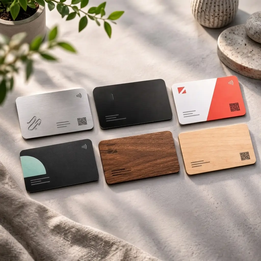 Several NFC business card designs in metal, wood and PVC laid out side by side