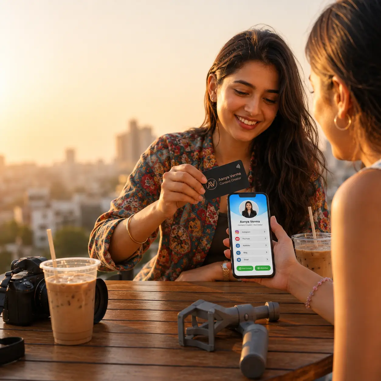 A creator tapping a card so a phone opens their social links page