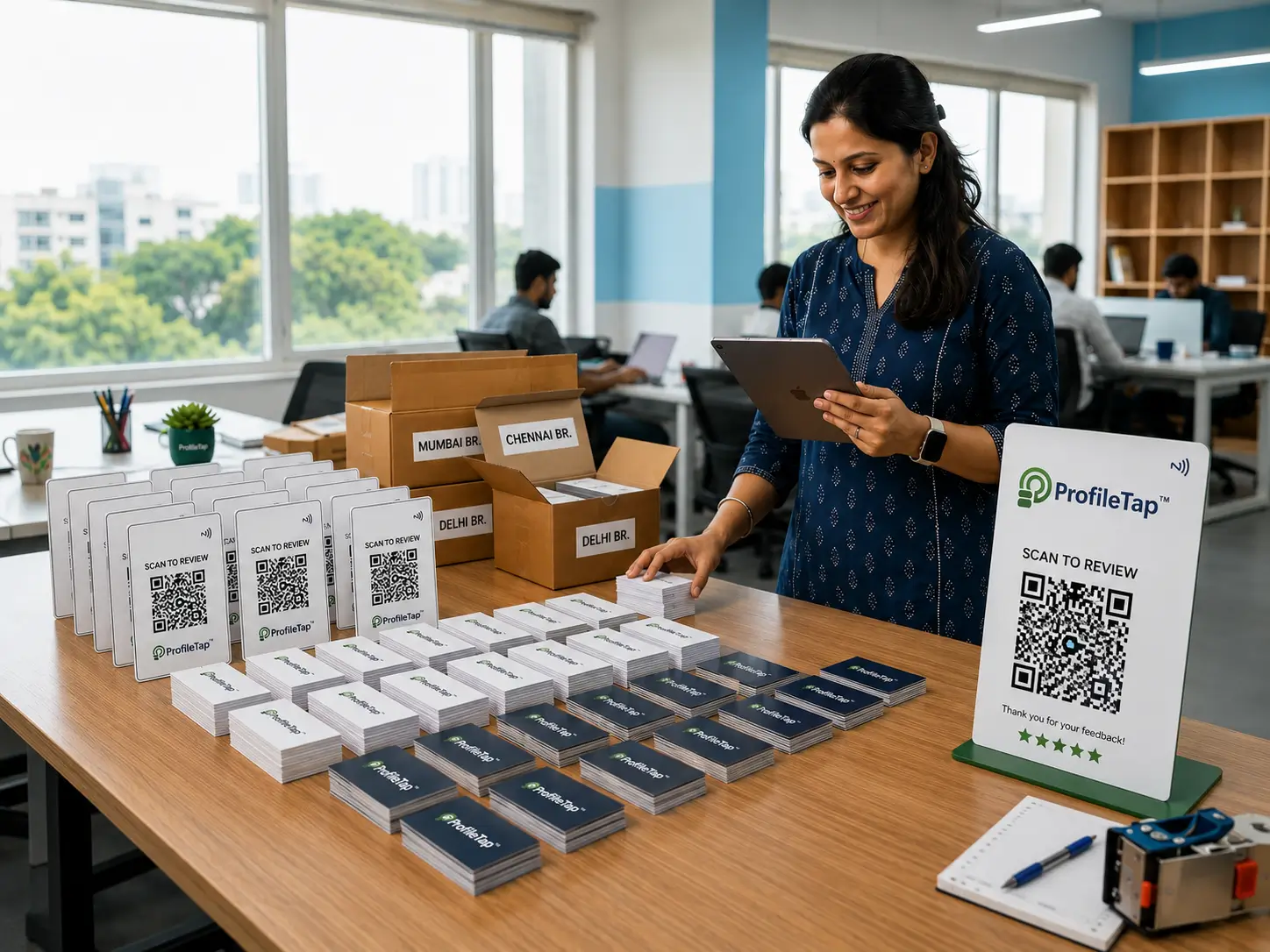 A bulk order of ProfileTap Google review cards and standees packed for multi-branch dispatch across India
