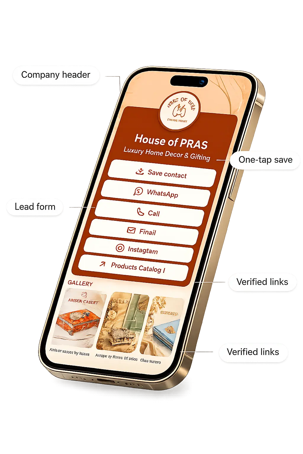 A company digital profile open on a phone, showing the header, save button and approved links