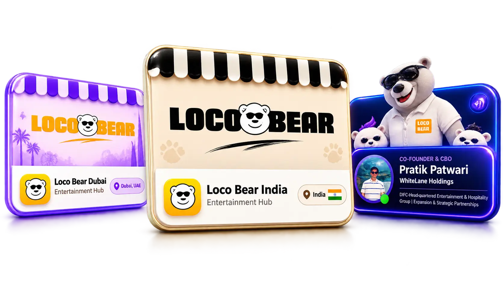 Matching branded team cards shown alongside an email signature and an exhibition stand