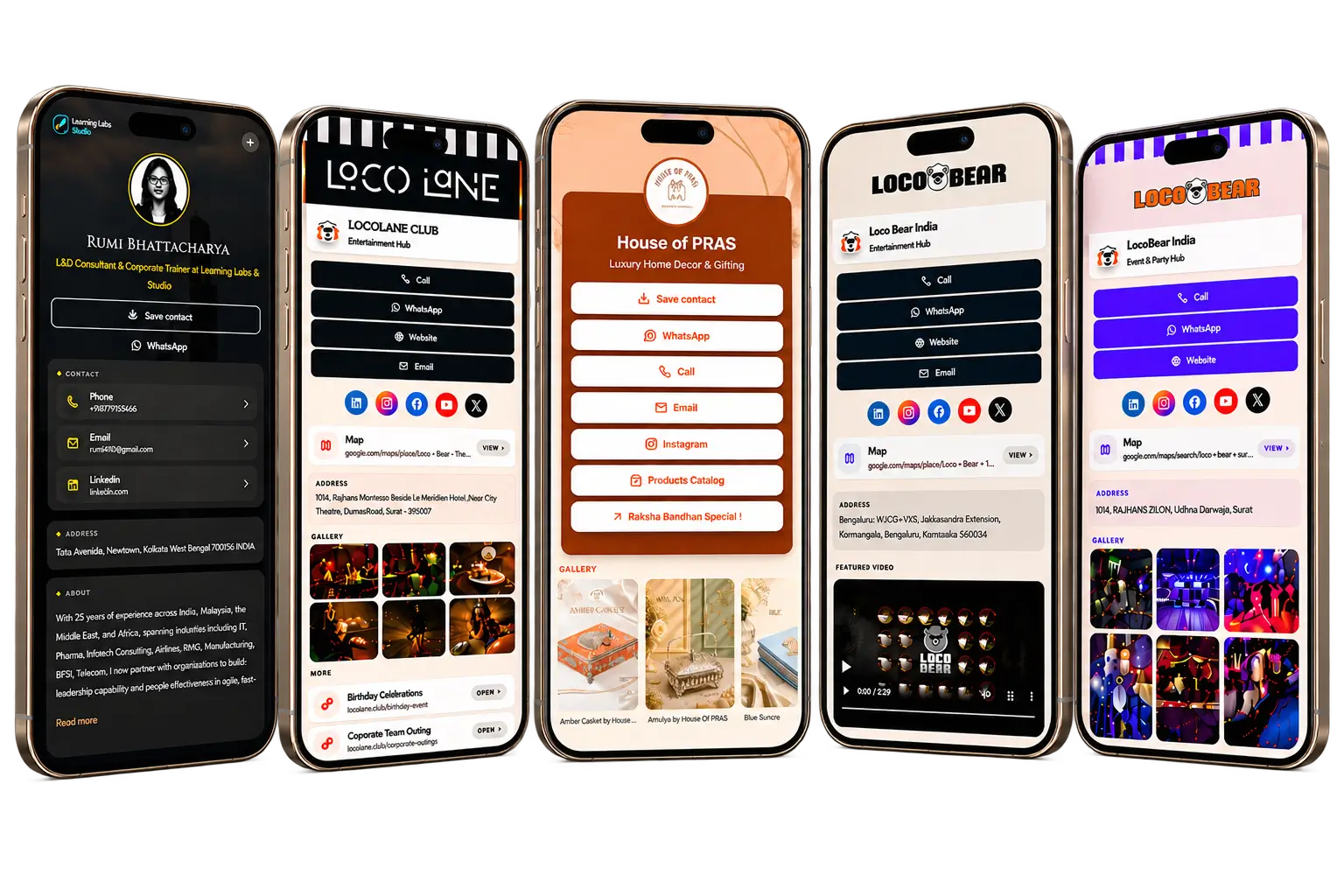 Five ProfileTap company profiles open side by side on phones, each carrying its own brand colours and logo