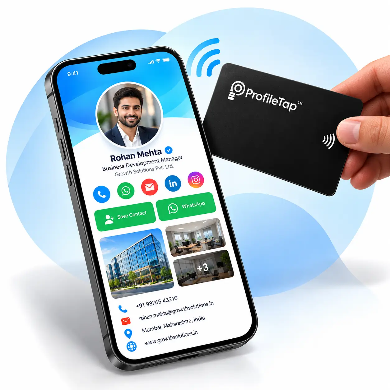 A team member's metal NFC card opening their own profile on a client's phone