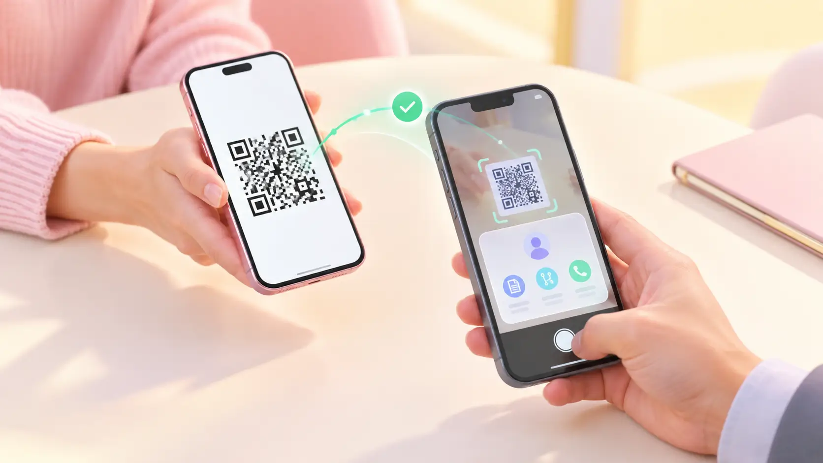 One phone showing a QR code while another phone scans it and opens a profile with resume, links and a call button