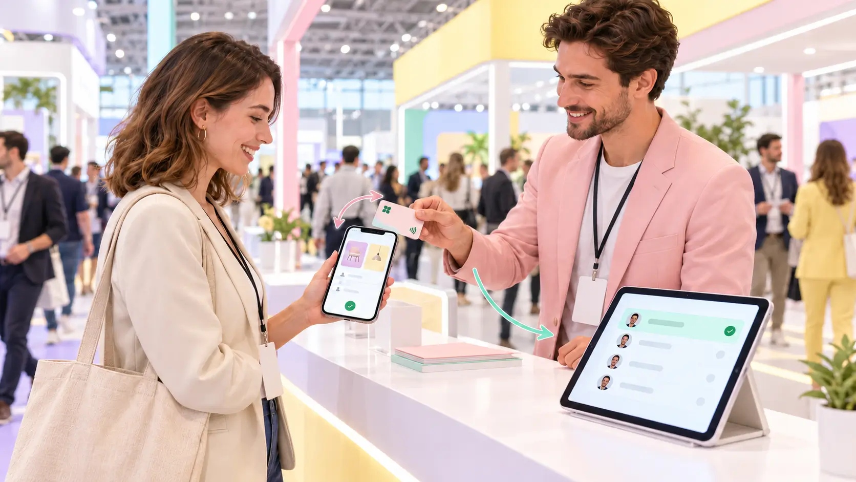 An exhibition stall staff member tapping an NFC business card on a visitor's phone