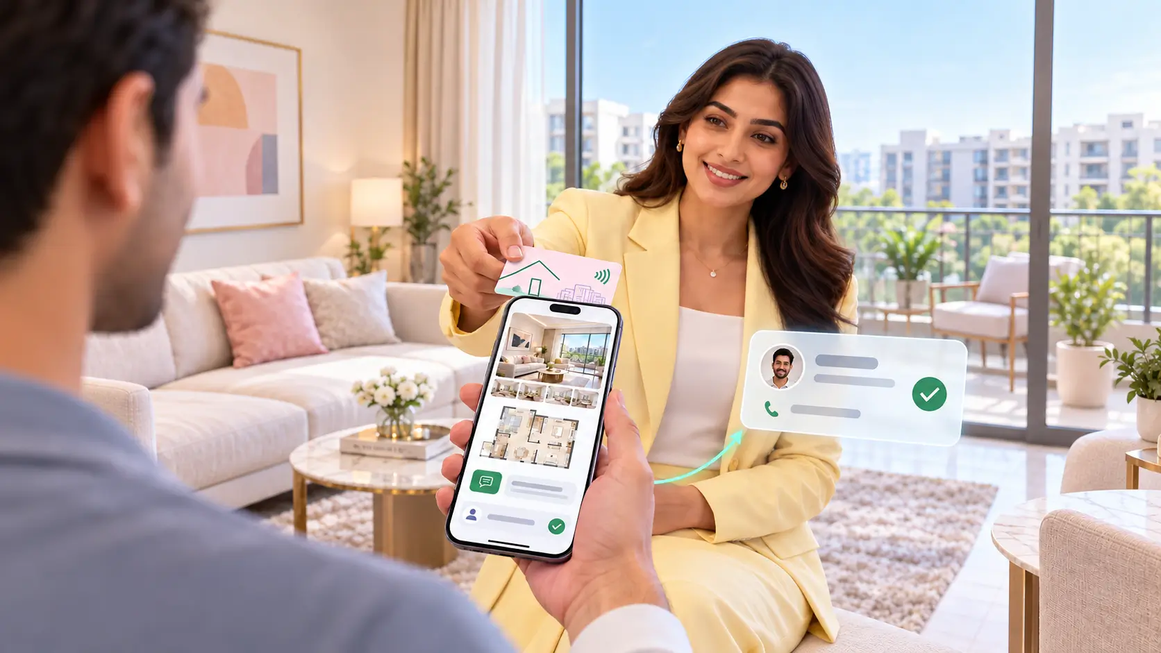 A real estate agent tapping an NFC visiting card on a buyer's phone at a sample flat