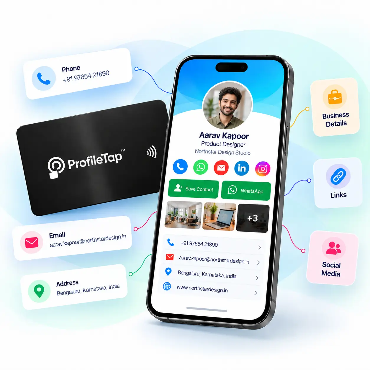 A ProfileTap profile showing contact details, business information and links