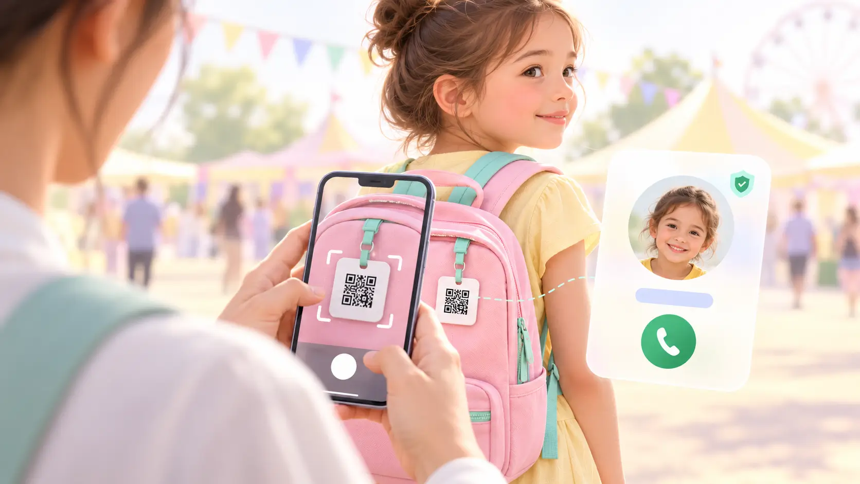 A stranger scanning a child's QR safety wristband with a phone at a busy fair