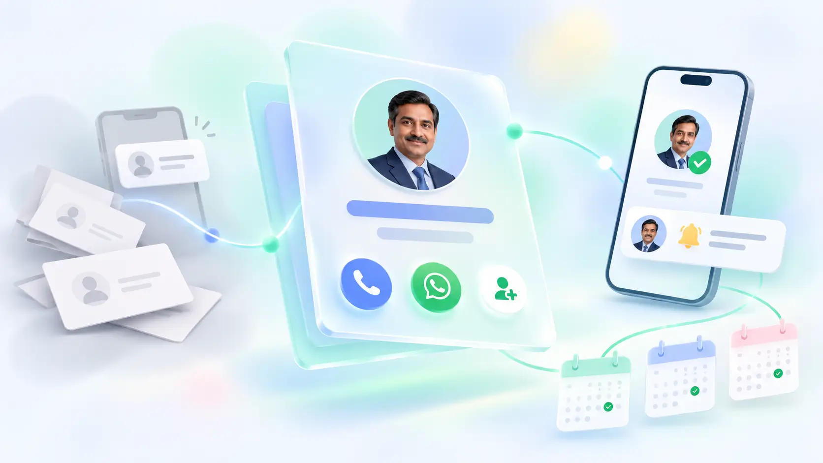 A policyholder tapping Save contact on an LIC agent's digital visiting card