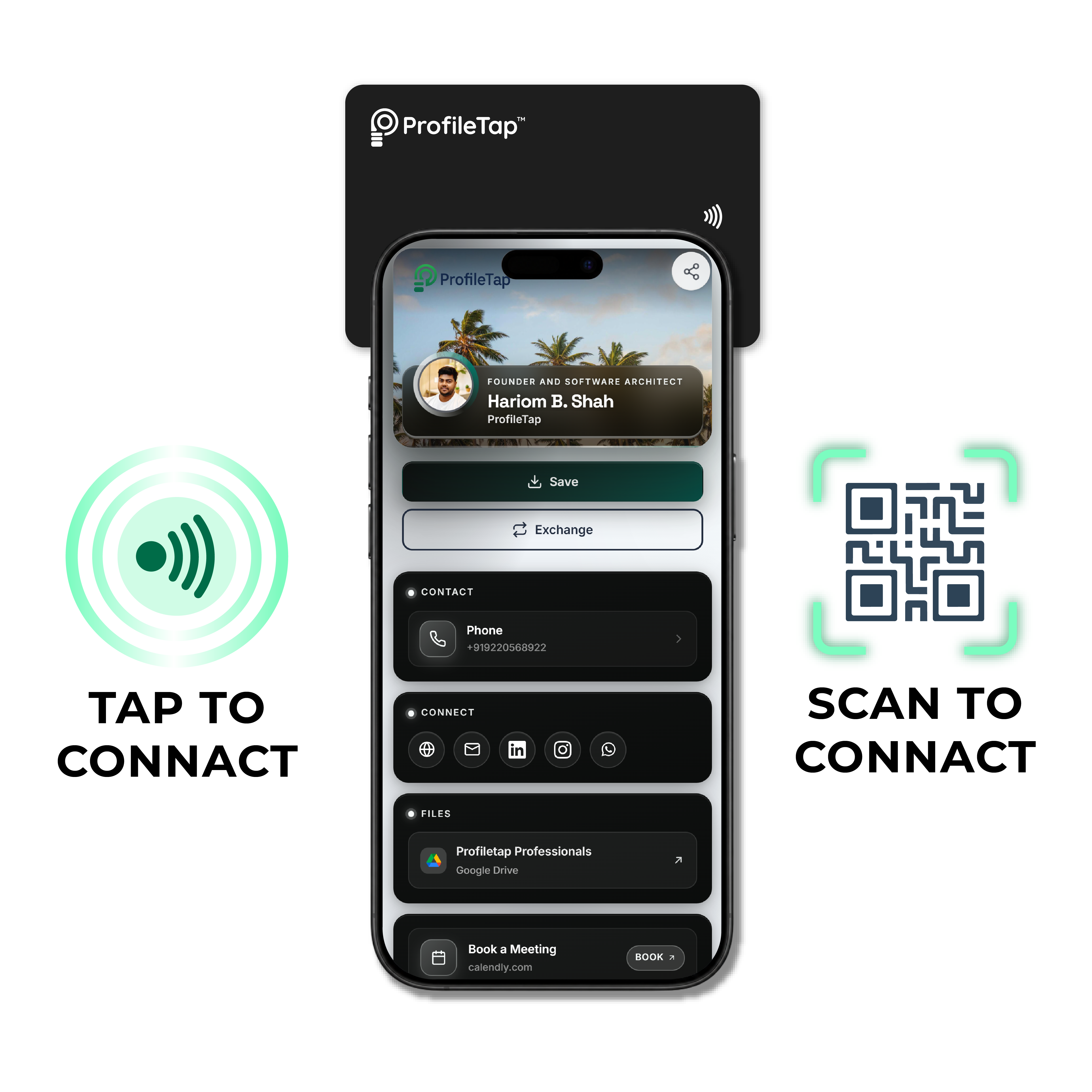 A ProfileTap product being tapped on a phone to open a profile