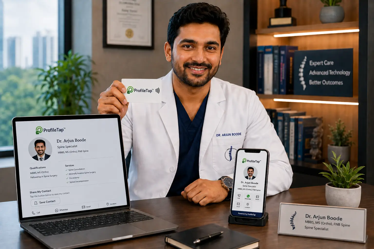 A doctor sharing an NFC visiting card with a peer at a medical conference.