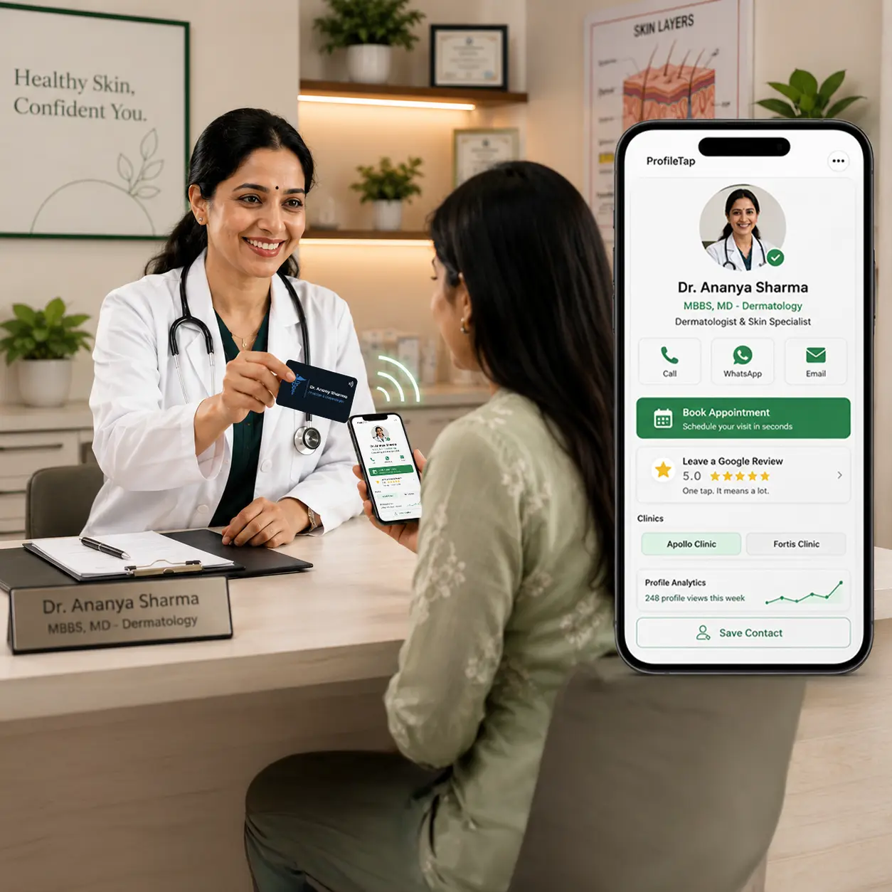 A doctor sharing their ProfileTap doctor visiting card with a patient at a clinic in India.