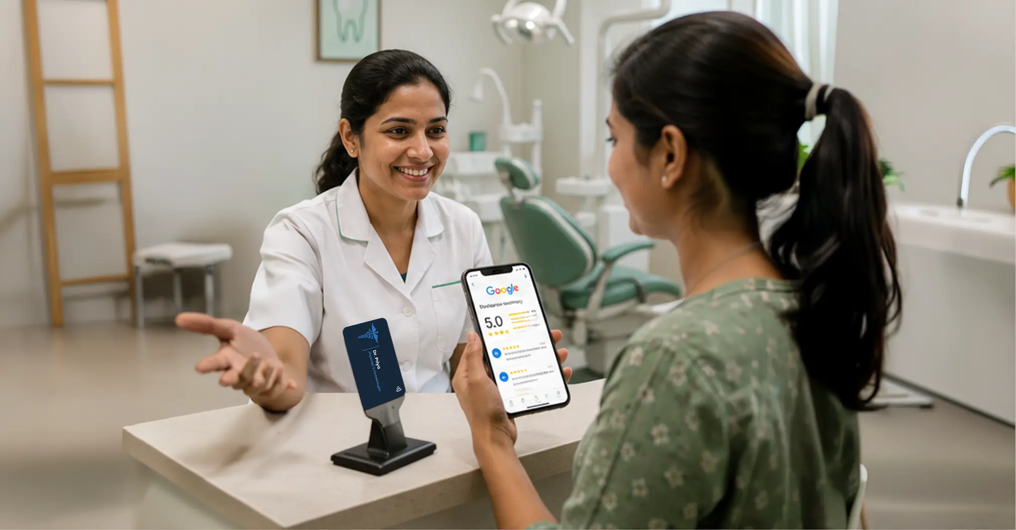 dentist shares QR code on standee for reviews