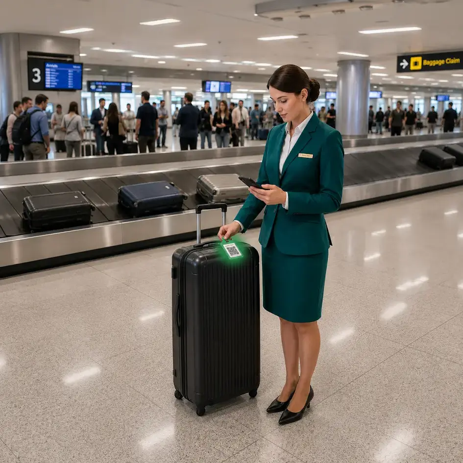 A woman tapping an NFC card against a smartphone to share her profile while traveling.
