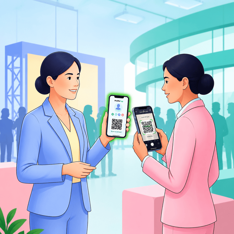 Two women exchanging contact information using a digital NFC business card.