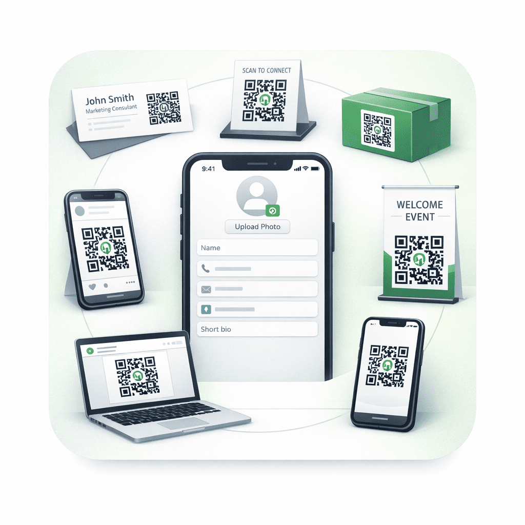 Three Indian professionals standing beside a phone showing a ProfileTap QR business card profile
